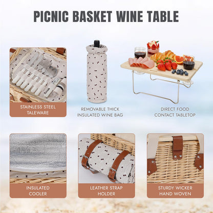 HappyPicnic Picnic Basket for 2, Handmade Wicker Picnic Set with Folding Table and Waterproof Blanket, Large Insulated Picnic Basket with Wine Bag & Cutlery Kit for Picnic, Camping, Holidays (Cherry)