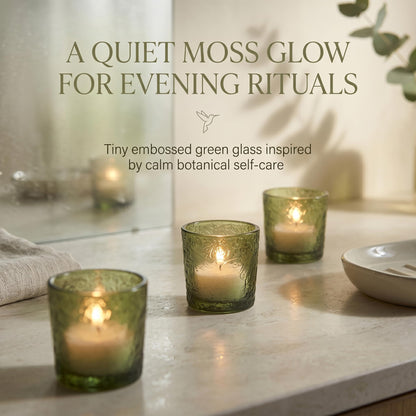 12 Pack Hummingbird Embossed Glass Candle Holders – Votive Tealight Holders with Patent Design, Decorative Embossed Glass Cups for Wedding Centerpieces, Parties, and Home Décor (Moss Green)