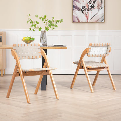 HOMEFUN Folding Dining Chairs Set of 2, Wooden Foldable Chair with Leather-Woven Backrest and Widened Seat Extra for Guests Kitchen Office Wedding Picnic Ivory-White