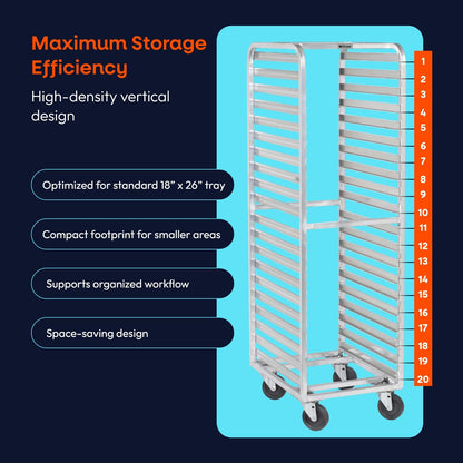 DCUBE Aluminum 20-Pan Bakery Rack with 3" Spacing, Heavy-Duty Double-Welded Frame, Side Load Pan Slides, 5" Polyolefin Swivel Casters, Commercial Sheet Pan Rack for Bakery, Kitchen & Food Service