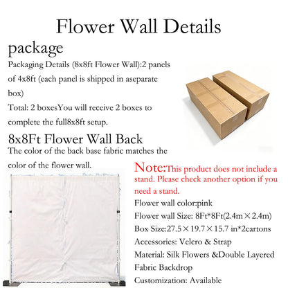 5D Realistic Rose Flower Wall Backdrop, 8×8FT Reusable Flower Wall Panel, Easy to Install & Store, Ideal for Wedding, Birthday Party & Home Decoration, Pink, Without Stand