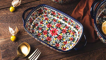 Red Daisy Flower Vintage Style Ceramic Bakeware Casserole Dish Baking Pan with Handles