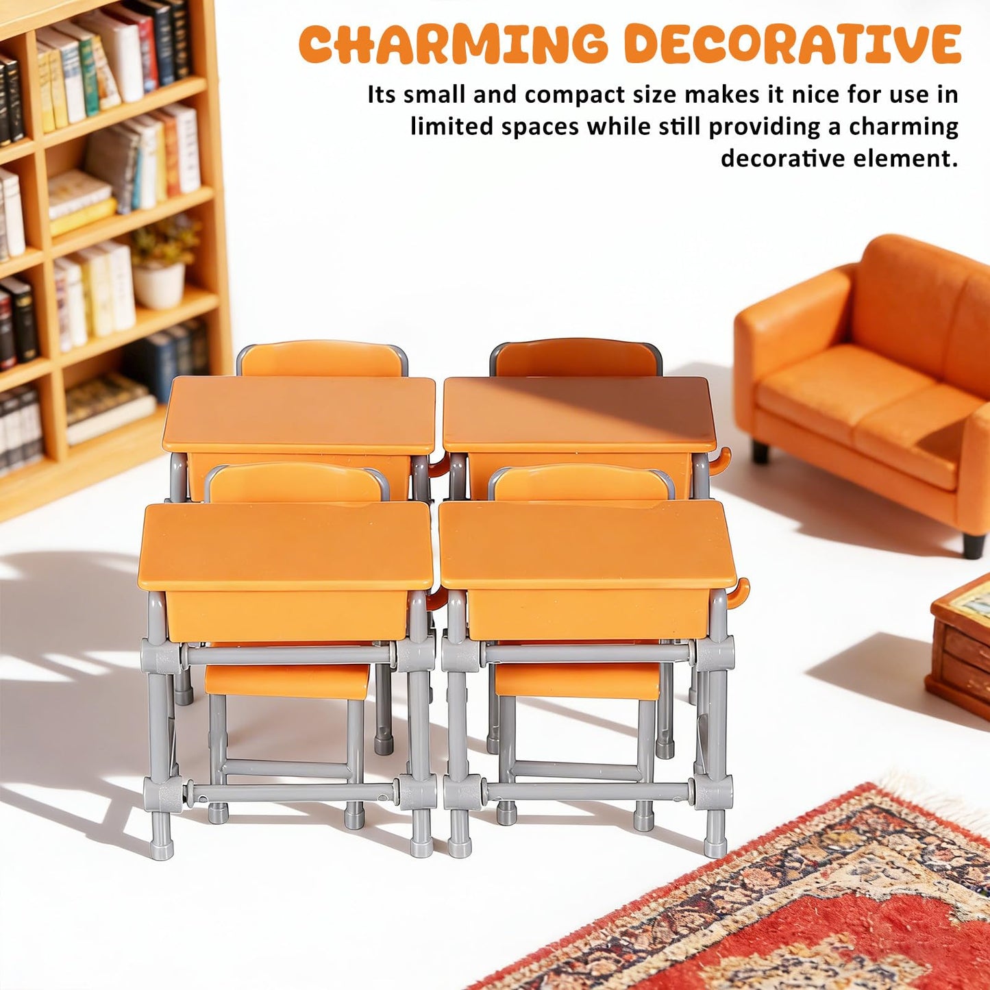 Toddmomy Miniature Plastic Classroom Desk and Chair 4-Set, Realistic Dollhouse School Furniture Accessories for Diorama Decor