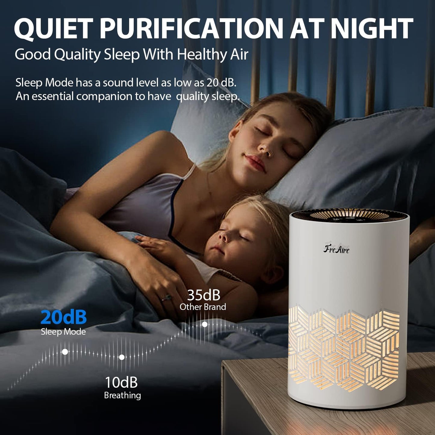 FreAire Air Purifiers for Bedroom Covers Up to 1086 Ft², Air Purifiers for Home, HEPA Air Purifier with Lights, Air Purifier Removes Dust Smoke Pollen Dander Smell, for Home/Pets/Bedroom (Black)