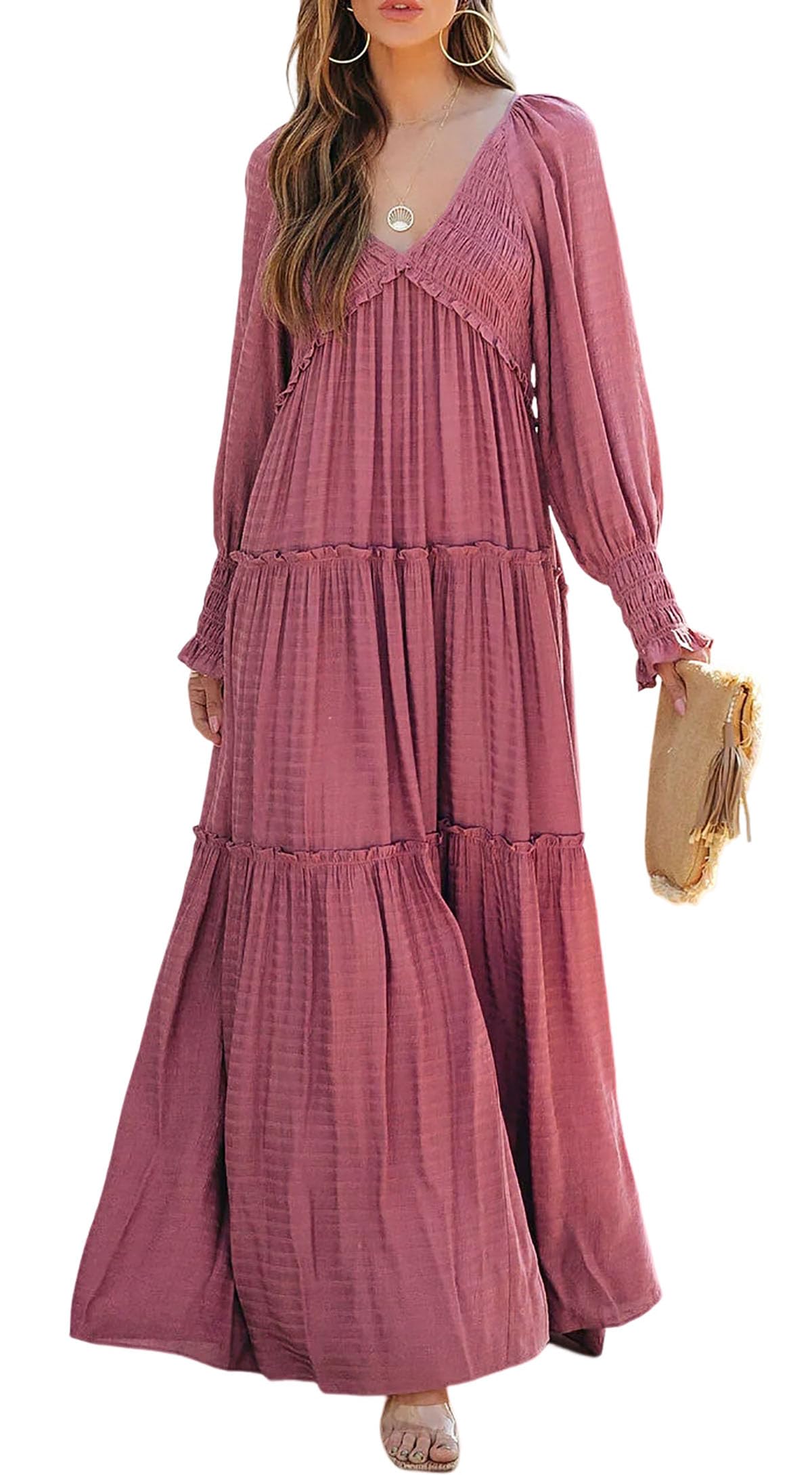 R.Vivimos Maxi Dress for Women Long Sleeve V Neck Empire Waist Layered Ruffle Boho Casual Flowy Long Dresses