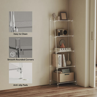 CRTERICX Acrylic Ladder Bookshelf, 13.8" D x 20.5" W x 59" H, 5-Tier Tall Clear Bookcase, Multifunctional Storage Book Shelf for Living Room, Bedroom, Office, Modern, Easy Assembly