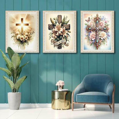 EIBEILI 3 Pack Cross Diamond Art Kits for Adults - 5D Diamond Paintings for Beginner,DIY Flowers Round Full Drill Dots Pictures Gem Art Painting Kits for Home Wall Decor 12x16inch