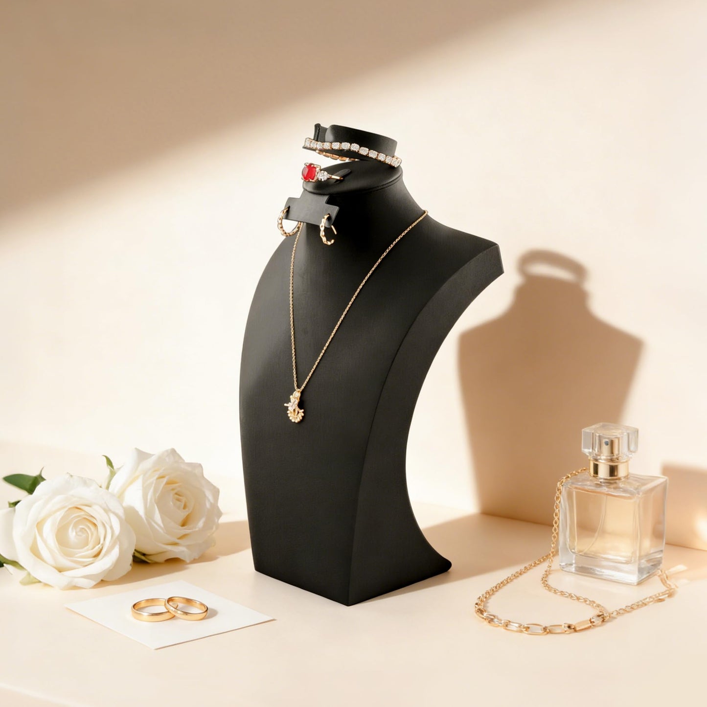 Homeanda Necklace Display Bust, PU Leather Jewelry Display Stand for Vendors, Jewelry Bust Display for Necklace, Bracelets, Earrings, Rings (Black-11.8"x6.7")