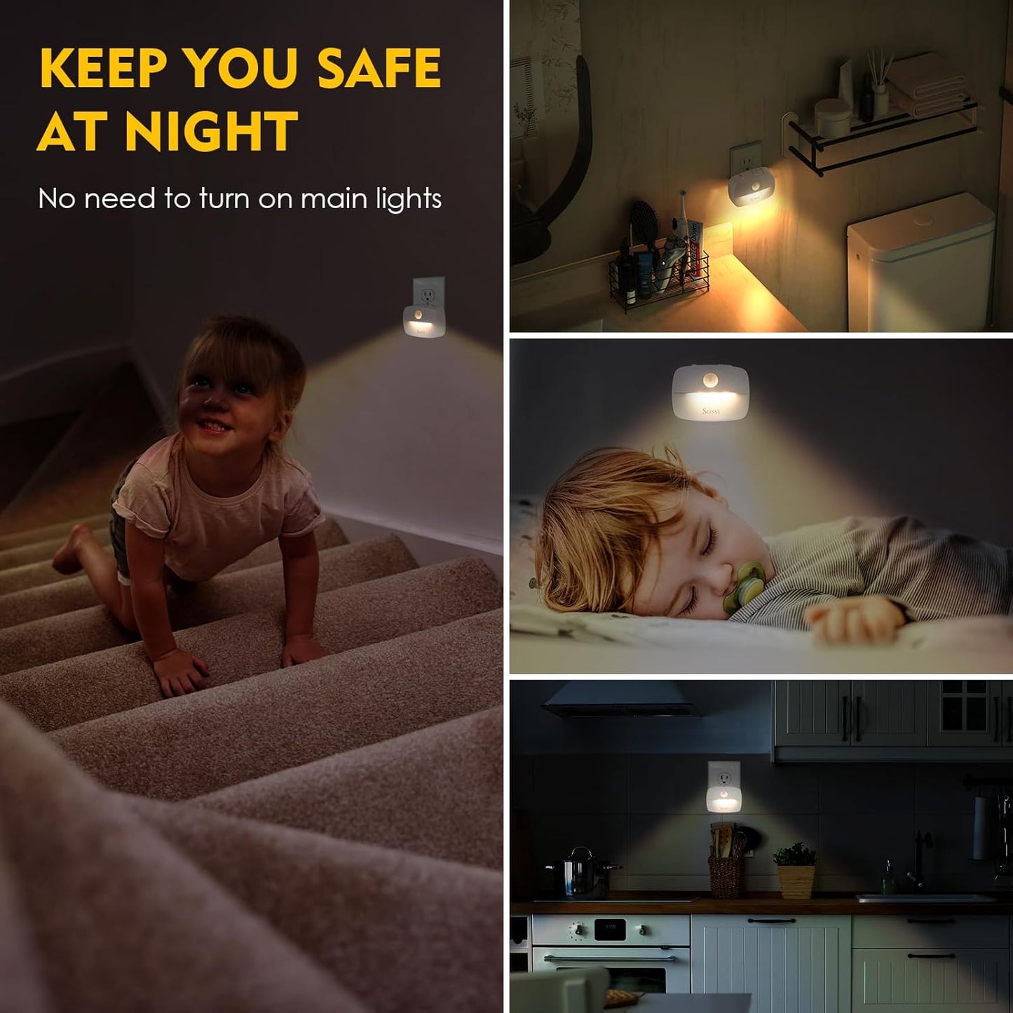 Sossi Motion Sensor Night Light Plug in 4 Pack,10-60Lm Stepless Dimming,3 Light Modes with Memory, Smart Night Lights Plug Into Wall Sensor,Dusk to Dawn Sensor for Bedroom,Toilet,Hallway,Kitchen