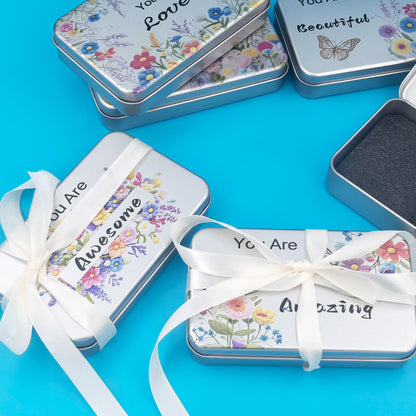 Goodma 6 Pack Rectangular Metal Tins Storage Organizer Gift Boxes with Inspirational Quotes & Flowers Image Pattern on the Lid, 5.9 x 3.5 x 1.2 inch (Silver)