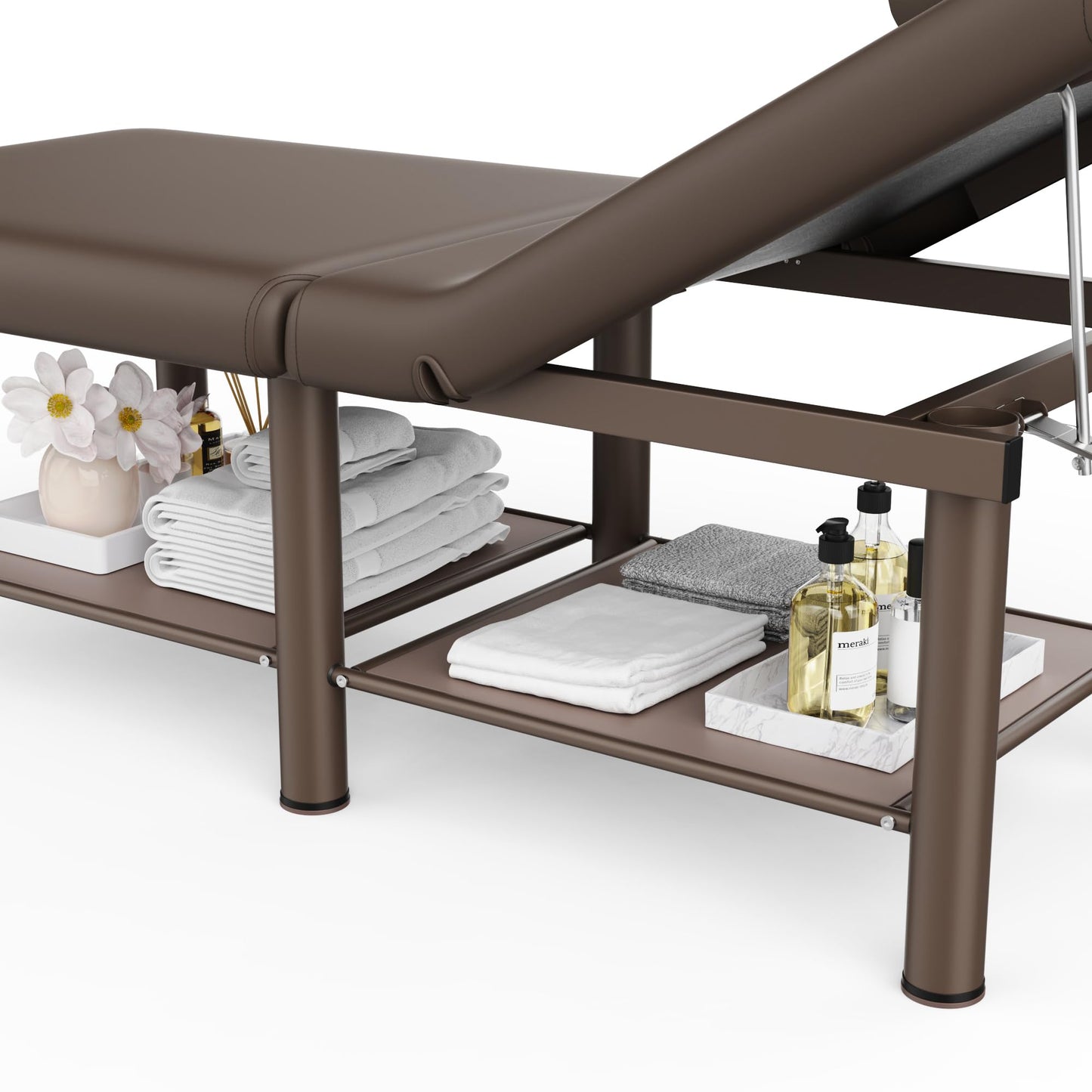 Folding Stationary Massage Table with Backrest and Storage Space for Treatment Table Physical Therapy Table Spa Facial Bed, 6 Round legs Metal Frame PU Leather, 30.5'' Wide × 75'' Long - Brown