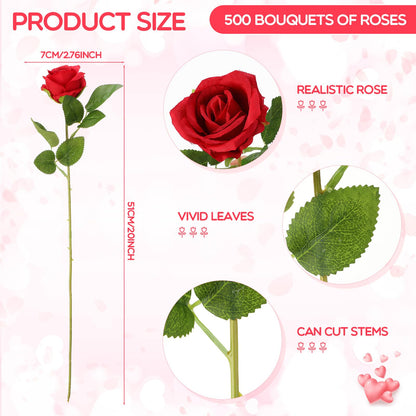 Riceshoot 500 Pcs Artificial Silk Roses Flowers with Long Stem Bridal Wedding Bouquet Realistic Floral Bulks for Garden Home Party Gifts Favor Decoration(Red)