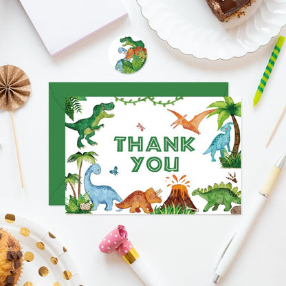Whaline 24 Pack Dinosaur Thank You Cards Watercolor Green Jurassic Greeting Card with Envelopes Sticker Cute Animal Blank Note Card for Baby Shower Party Invitation Supplies, 4 x 6 Inch