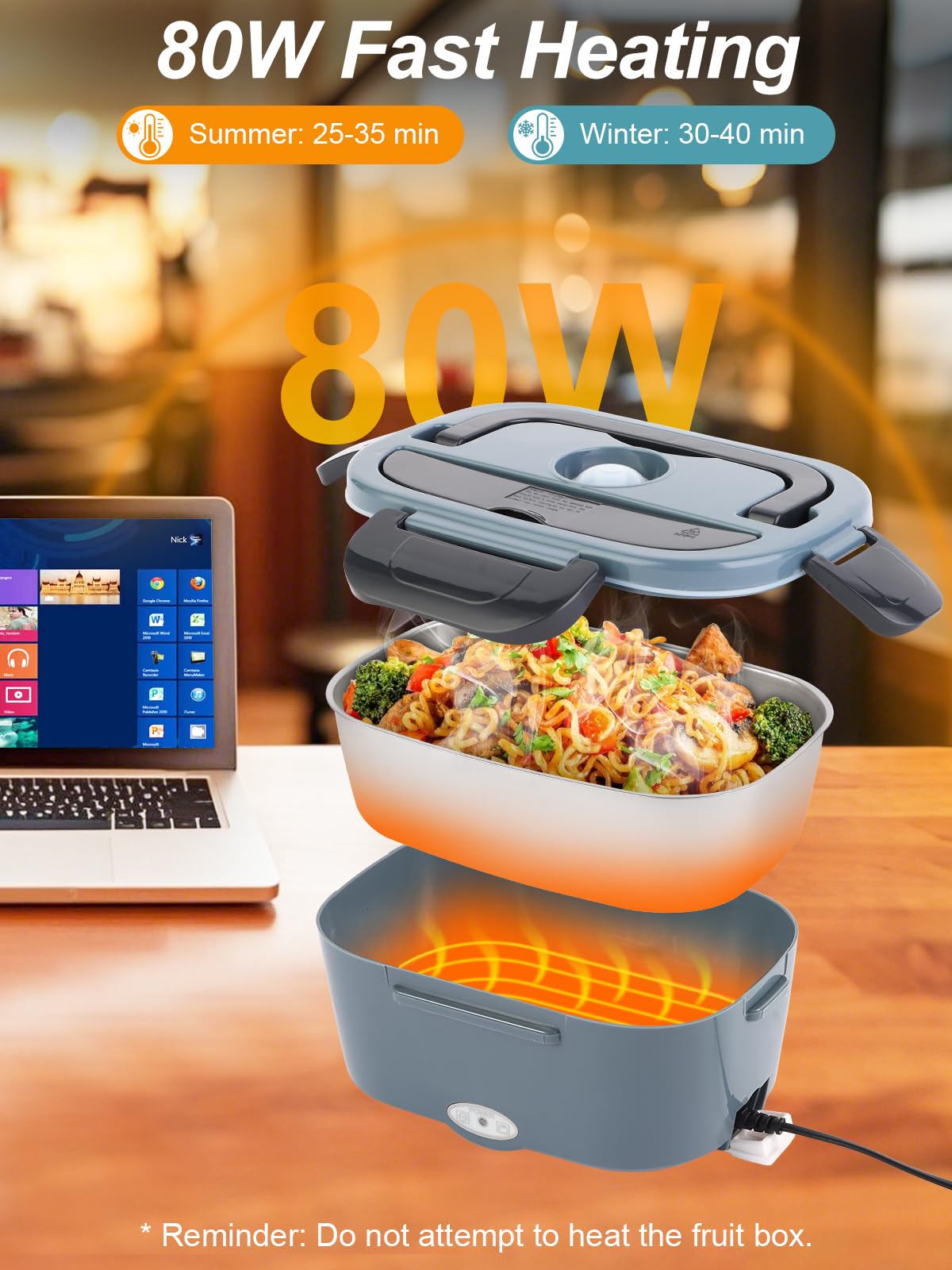NestDin Electric Lunch Box, 80W Heated Lunch Box for Adults, 1.5L Portable Fast Heating Food Warmer for Car/Truck/Work/Travel, 12/24/110V Lonchera Eléctrica Portátil