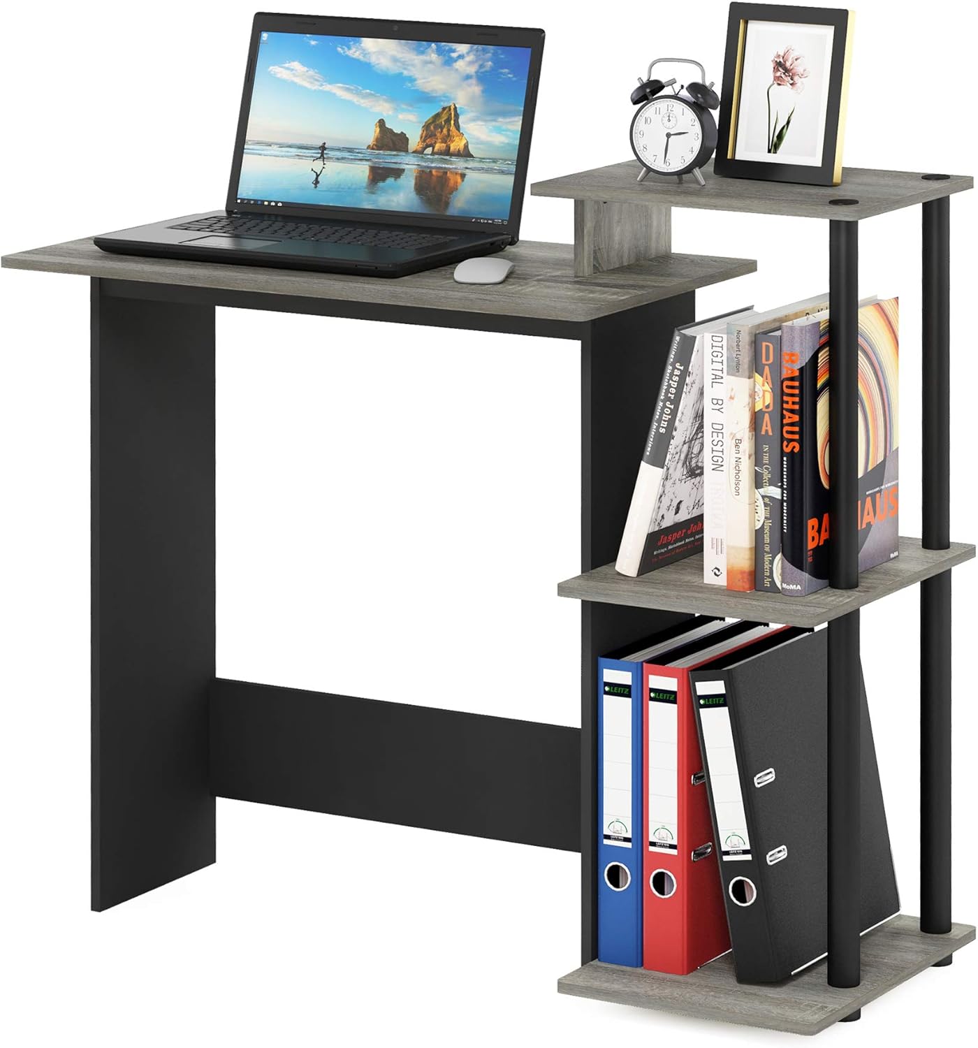 Furinno Efficient Home Laptop Notebook Computer Desk with Square Shelves, French Oak/Black Finish