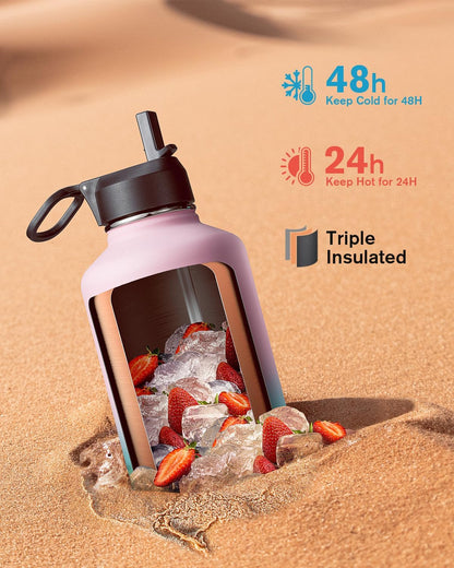 Water Bottle Insulated 64 oz with Straw & 3 Lids, Coolflask Half Gallon Metal Jug, Non-BPA