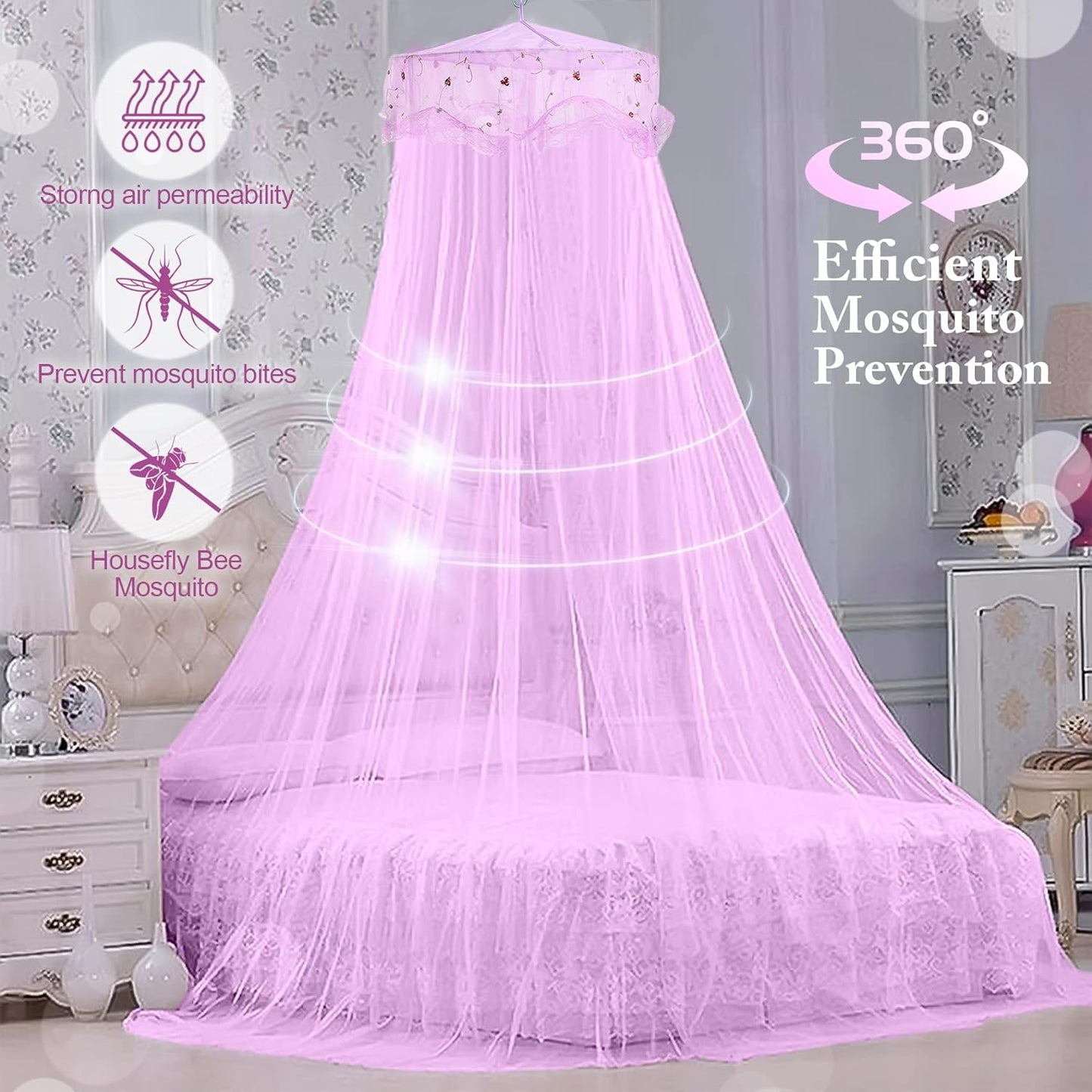 Jeteventy Bed Canopy for Girls, Princess Bed Curtain Net for Single to King Size, Quick Easy Installation (Purple)