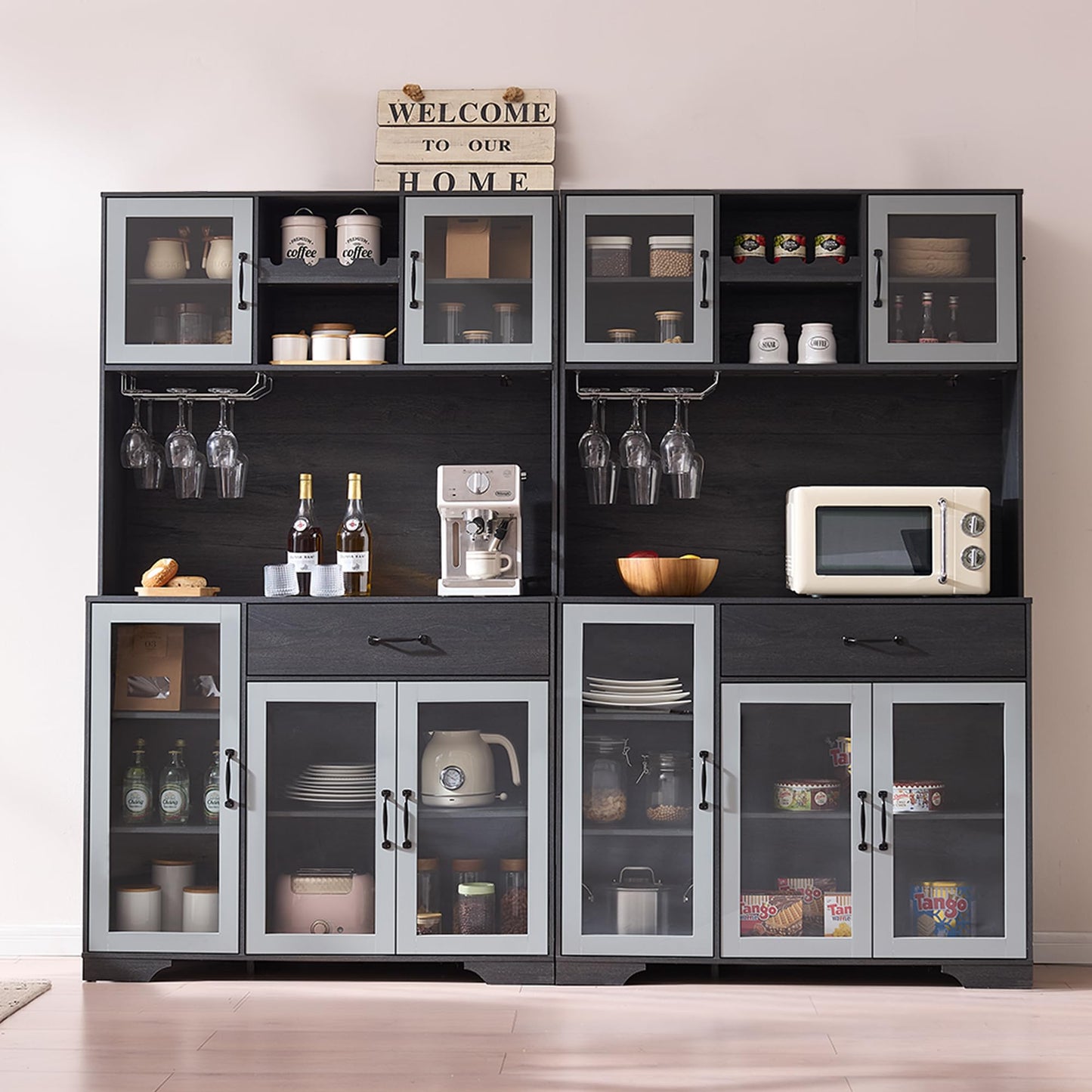 Fatmok 71" Tall Pantry Cabinet with Glass Doors, Kitchen Hutch Storage Cabinet, Coffee Bar & Liquor Cabinet with Charging Station & LED Lights, Wine Rack, Adjustable Shelves＆Large Drawer, Grey