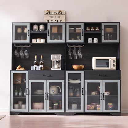 Fatmok 71" Tall Pantry Cabinet with Glass Doors, Kitchen Hutch Storage Cabinet, Coffee Bar & Liquor Cabinet with Charging Station & LED Lights, Wine Rack, Adjustable Shelves＆Large Drawer, Grey