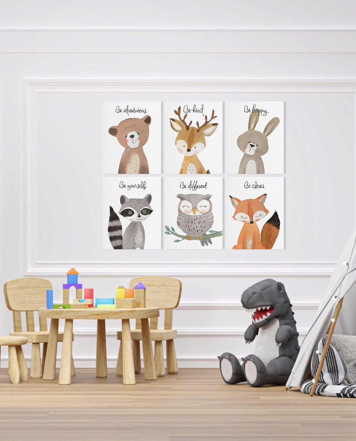 Set 6 Safari Animal Nursery Wall Decor: Woodland Animal Print for Baby Boy Girl, Framed Inspirational Quotes Kids Wall