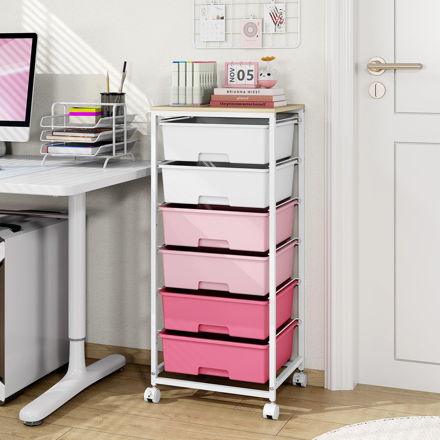 Rolling Storage Cart with 6 Drawers and Wooden Tabletop, Lockable Wheels Utility Cart for Art Studios, Office Supplies & Craft Room Organization (Pink)