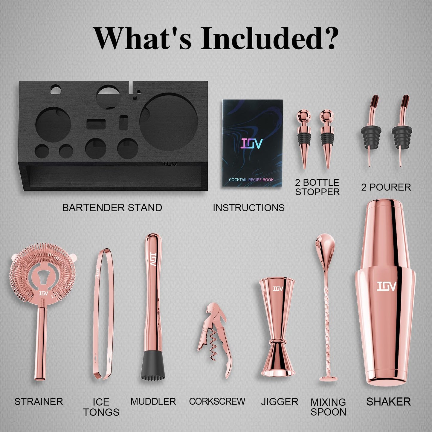 IOV Cocktail Shaker Set: 12-Piece Mixology Bartender Kit Bar Set | 16oz & 28oz Boston Shaker Drink Mixing Tools for Home with Recipe Booklet and Stand | Fun Housewarming Gift (Rose Gold)