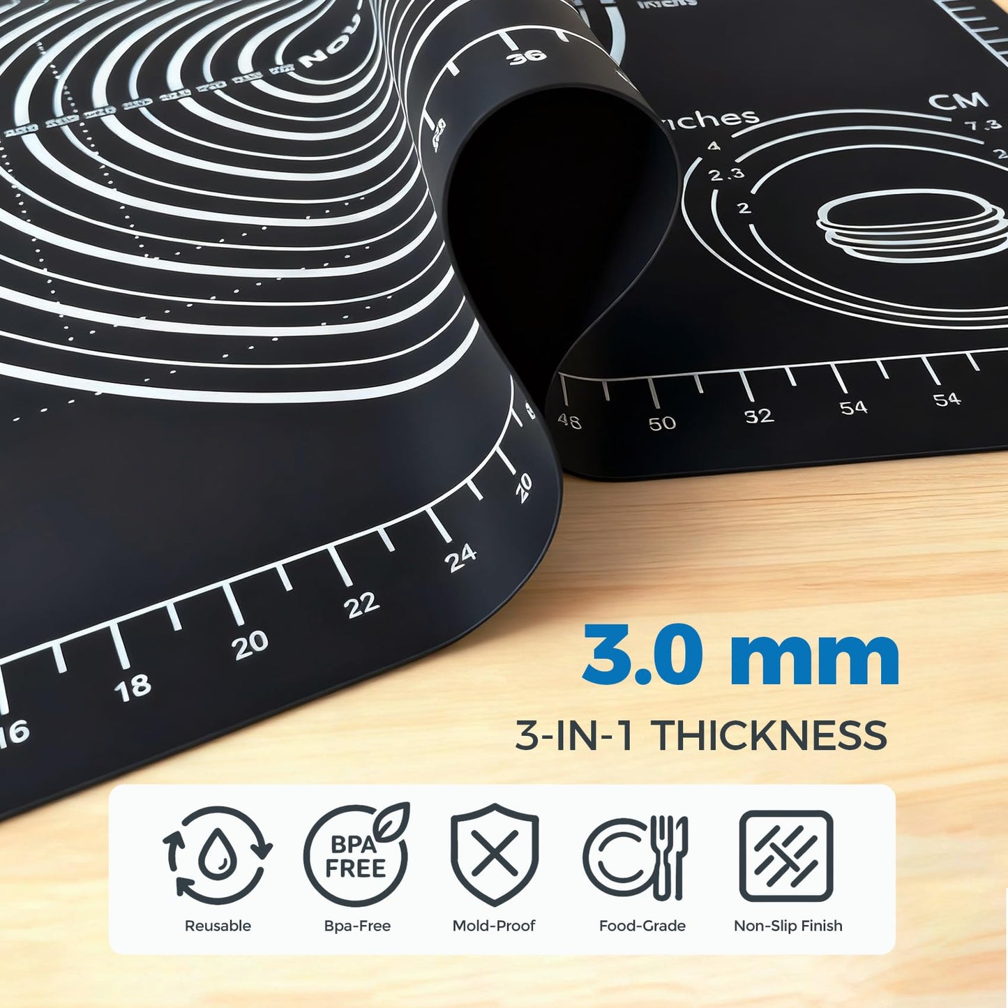 Nauvora Extra Large Baking Mat - 26" Silicone Pastry Mat, Reusable Non-Stick Dough Mat with Measurement for Fondant, Rolling Dough, Pie Crust, Pizza and Cookies, Black