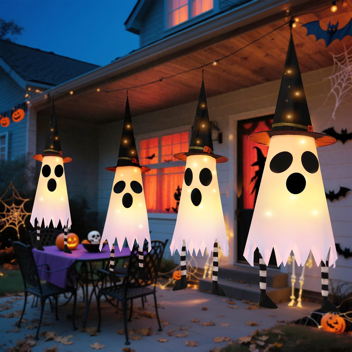 FENELY 3 Packs 38" Halloween Hanging Lighted Glowing Ghosts with Witch Hat and Foot, Outdoor Indoor Decorations for Home Party Yard Patio Garden Tree