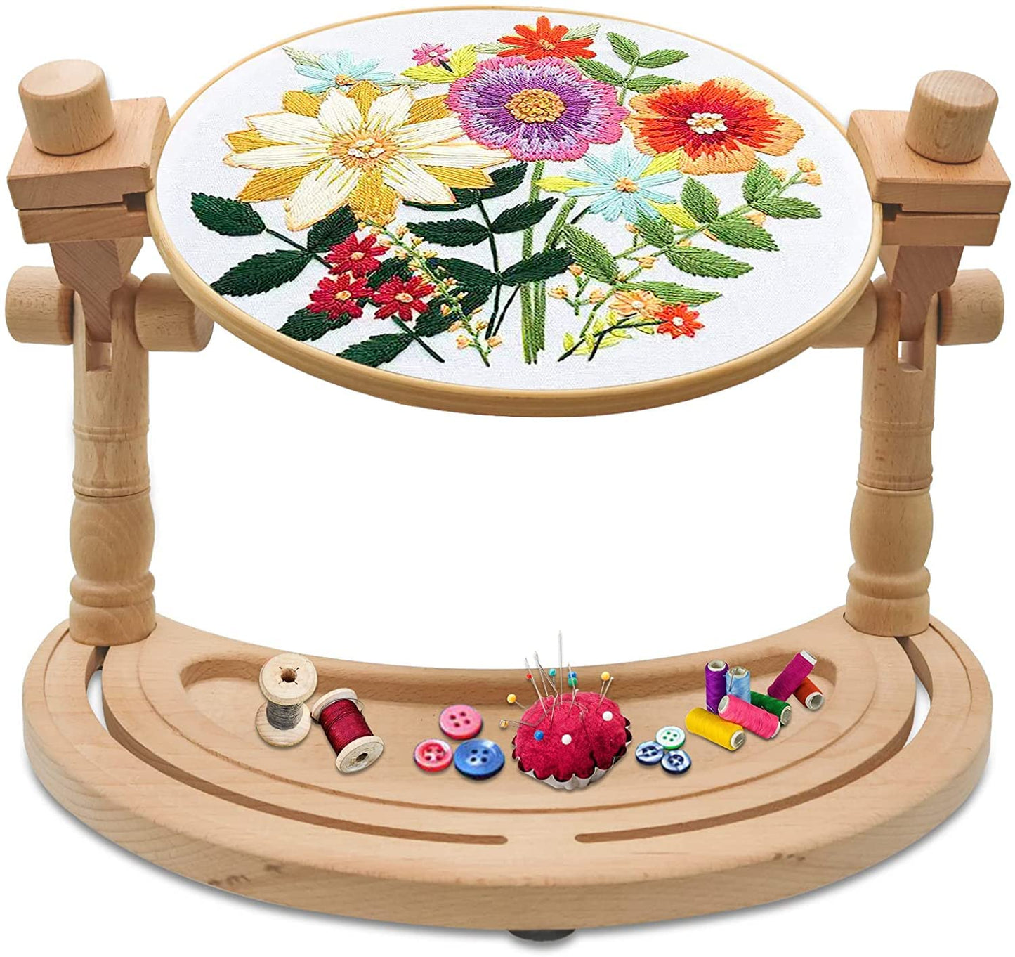 Multifunctional Embroidery Hoop Stand, Rotated Adjustable Embroidery Frame Stand Cross Stitch Stand, Beech Wood Embroidery Hoop Holder for Arts Crafts Sewing Needlework