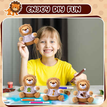 Blueweenly 64 Pcs Make Your Own Stuffed Animal Lion Kit Including 6 Inches Soft Lion Plush with White T Shirt and 12 Colors Pens for Birthday Favors Forest Party Crafting Gifts