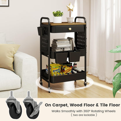 danpinera 3-Tier Rolling Cart, Metal Rolling Storage Cart with Wooden Table Top & DIY Pegboards, Storage Cart with Wheels, Hooks & Hanging Cups, Storage Organizer Cart Craft Art Cart, Black