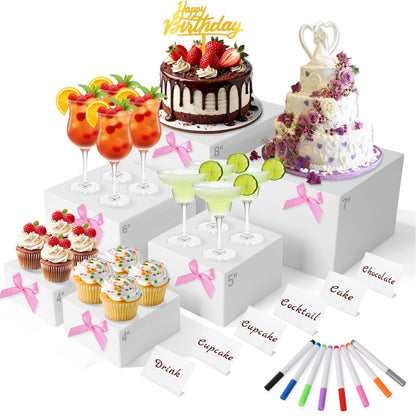 Hokimder 6 Pcs Acrylic Buffet Risers with Mini Signs and Makers, White Food Risers with Bowknot and Hollow Bottoms, Food Display Stands for Party, Dessert, Jewelry & Collectibles (8",7",6",5",4",4")