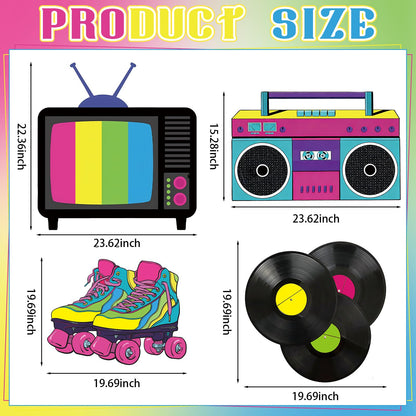 BrightRow 4 Pcs Large 80s Birthday Party Decoration, 23.62 Inch 90s Photo Props, Retro Cardboard Cutout, TV Roller Skates Radio Records Yard Sign for Birthday Supplies Hip Hop Music Theme Accessories