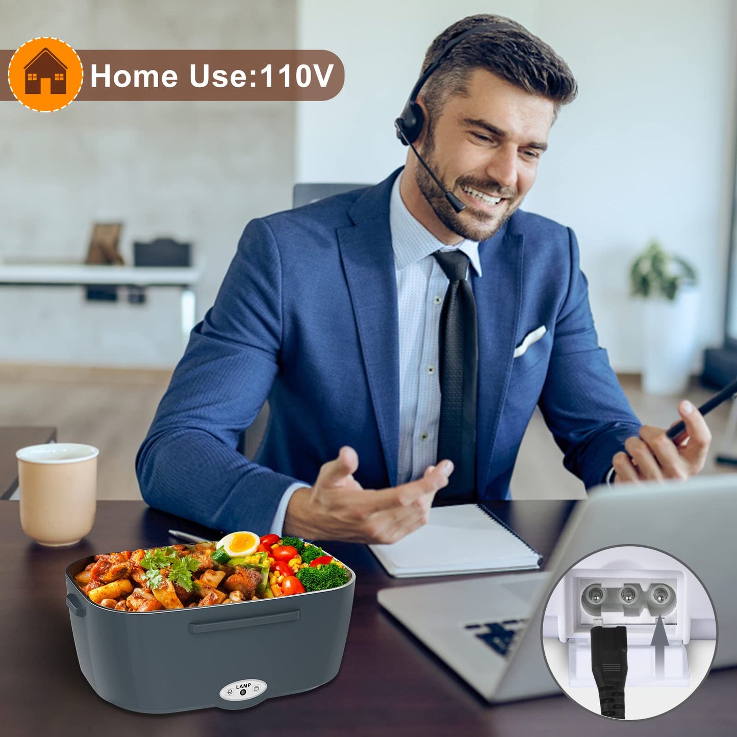 Akhia 80W Fast Electric Lunch Box for Adults 1.5L Portable Heated Lunch Box with 12V/24V/110V Includes Stainless Steel Container, Fork & Spoon & Insulated Bag (Ideal for Car/Truck/Office Use)