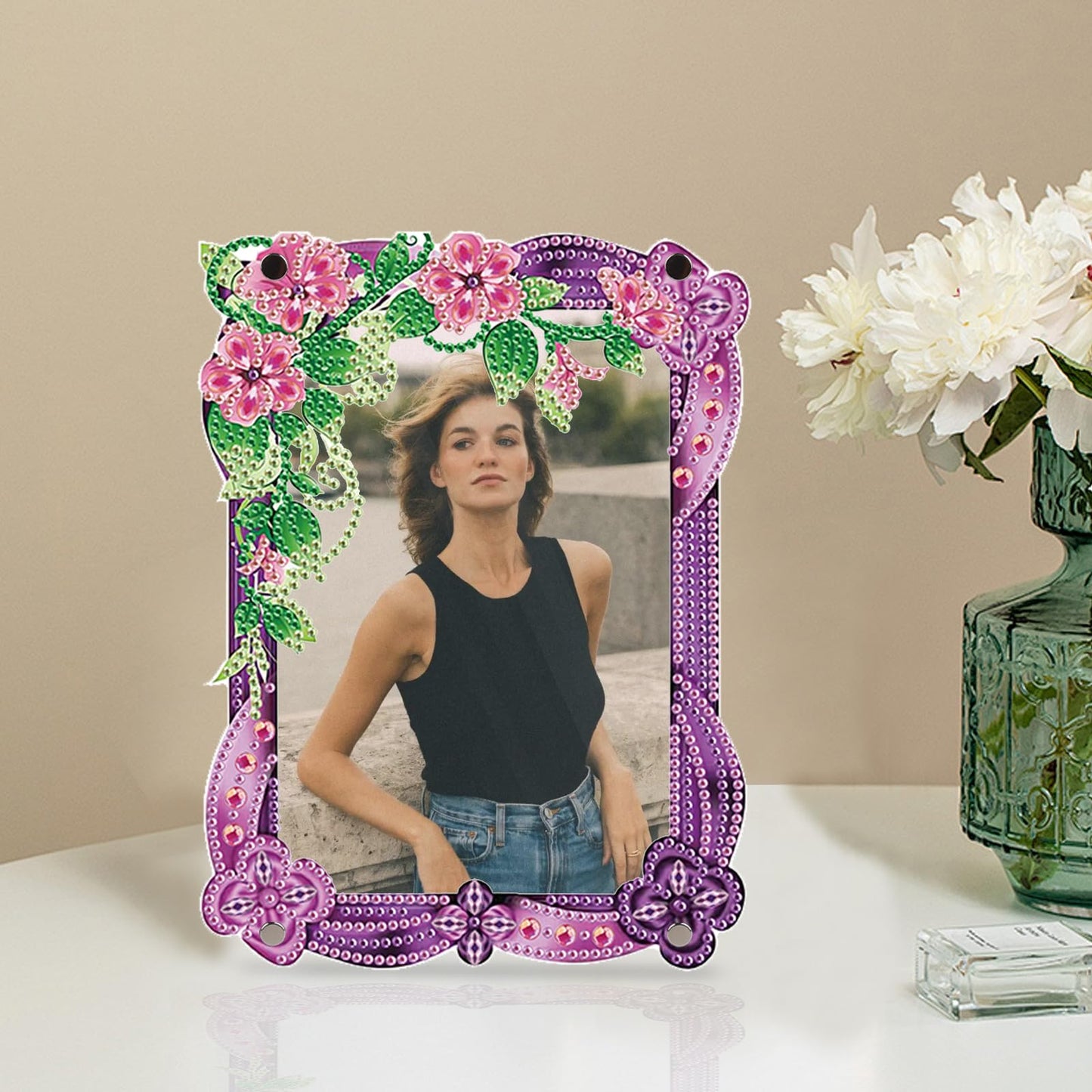5D Diamond Art Painting Kits Photo Frames with Stand, Flowers Diamond Art Kits Photo Frame Desktop, 5D Special Shape Crystal Rhinestones Diamond Art Kits for Home Living Room Office Table Top Decor