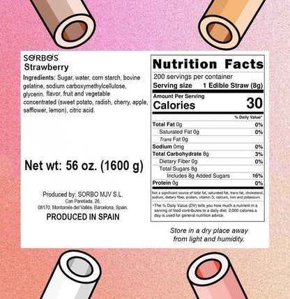 Sorbos Edible Straws, Strawberry Flavored, Sustainable, Individually Packaged, No Plastic, No Allergens, No Gluten, No PFAS, 100 Percent Biodegradable, 7.4 inches long (Pack of 200)
