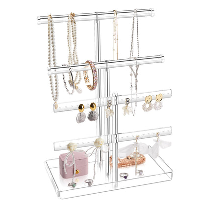 Acrylic Jewelry Organizer Stand with Tray, 4-Tier 14" Tall Tangle-Free Clear Jewelry Display Holder for Hanging Long Necklaces & Bracelets, 40 Earring Holes, Tower Tray Storage for Rings Watch Perfum