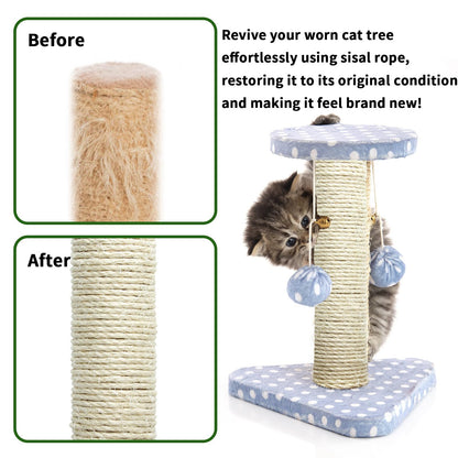 Natural Sisal Rope 1/4 Inch 32-Feet for Cat Tree Tower Repair and Replace Scratching Post, DIY Hemp Twine Rope for Cat Scratching Furniture Window Perch and Crafts Gardening Home Decorating