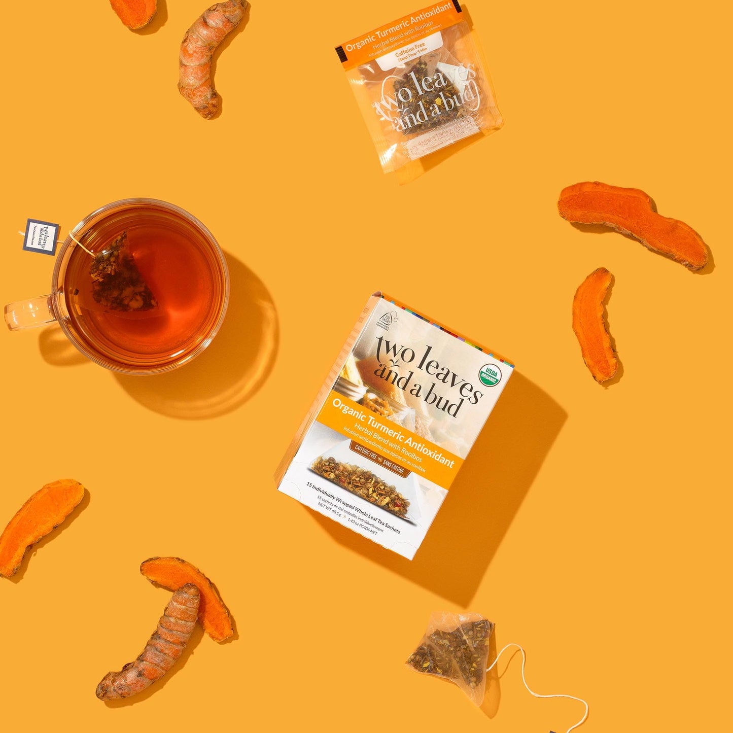 Two Leaves and a Bud Organic Turmeric Tea, Naturally Caffeine Free, Whole Leaf Herbal Tea in Sachets, 15 Count (Pack of 6)