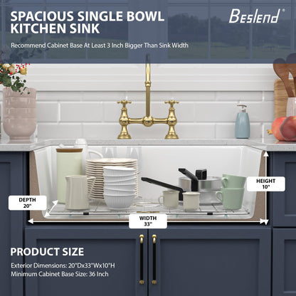 Beslend White Farmhouse Sink 33X20 inch Fireclay Farm Style Apron Front Undermount Kitchen Sink Large Single Bowl Farmer Kitchen Basin