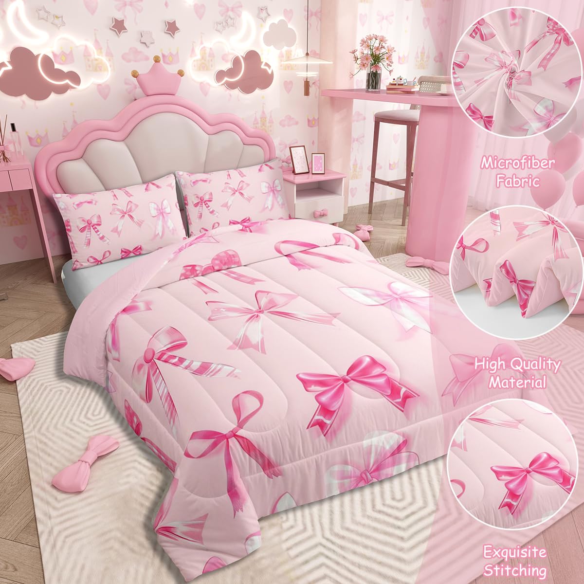 jejeloiu Pink Bow Bedding Set Twin Girls Bow Comforter Set for Kids Teens Girls Cute Bowknot Comforter Breathable Soft Lightweight Microfiber Kawaii Cute Pink Room Decor