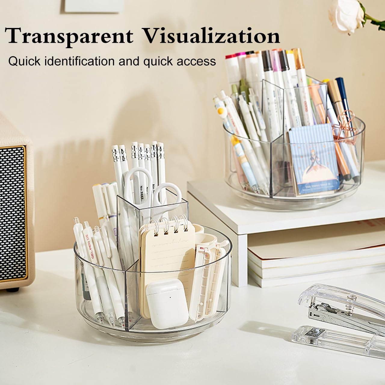 JIKIOU Acrylic Pen Holder, 360-Degree Rotating Pen Holder for Desk, Clear Desk Organizers and Accessories with 5 Compartments Pencil Organizer, Art Supply Storage Box Caddy for Office, Home