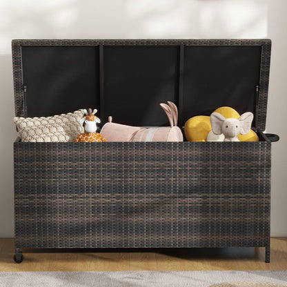 TANGZON 320L Garden Deck Box, Patio Cabinet Container with Polyester Liner, Universal Wheels & Gas Strut, Indoor Outdoor Storage Box for Pillows, Cushions & Tools (with Regularly-Woven Rattan, Brown)