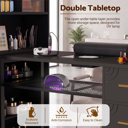 Oakvera Manicure Table with LED Display Cabinet, Mobile Nail Tech Desk Built-in Dust Collector, Nail Station with Double Tabletop, 3 Adjustable Shelves, Open Storage, Drawers & Cabinets, Black