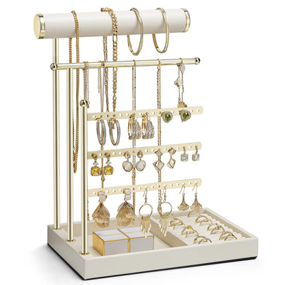 VLANDO Jewelry Stand Organizer with Ring Holder Tray, Necklace and Earring Storage for Bracelets, Watches and Rings, PU Leather Covered Wooden Tray with Gold Metal Frame - Beige