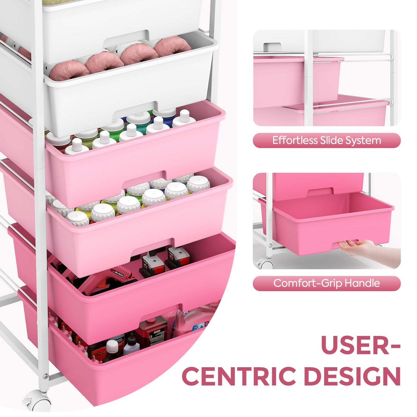 Rolling Storage Cart with 6 Drawers and Wooden Tabletop, Lockable Wheels Utility Cart for Art Studios, Office Supplies & Craft Room Organization (Pink)