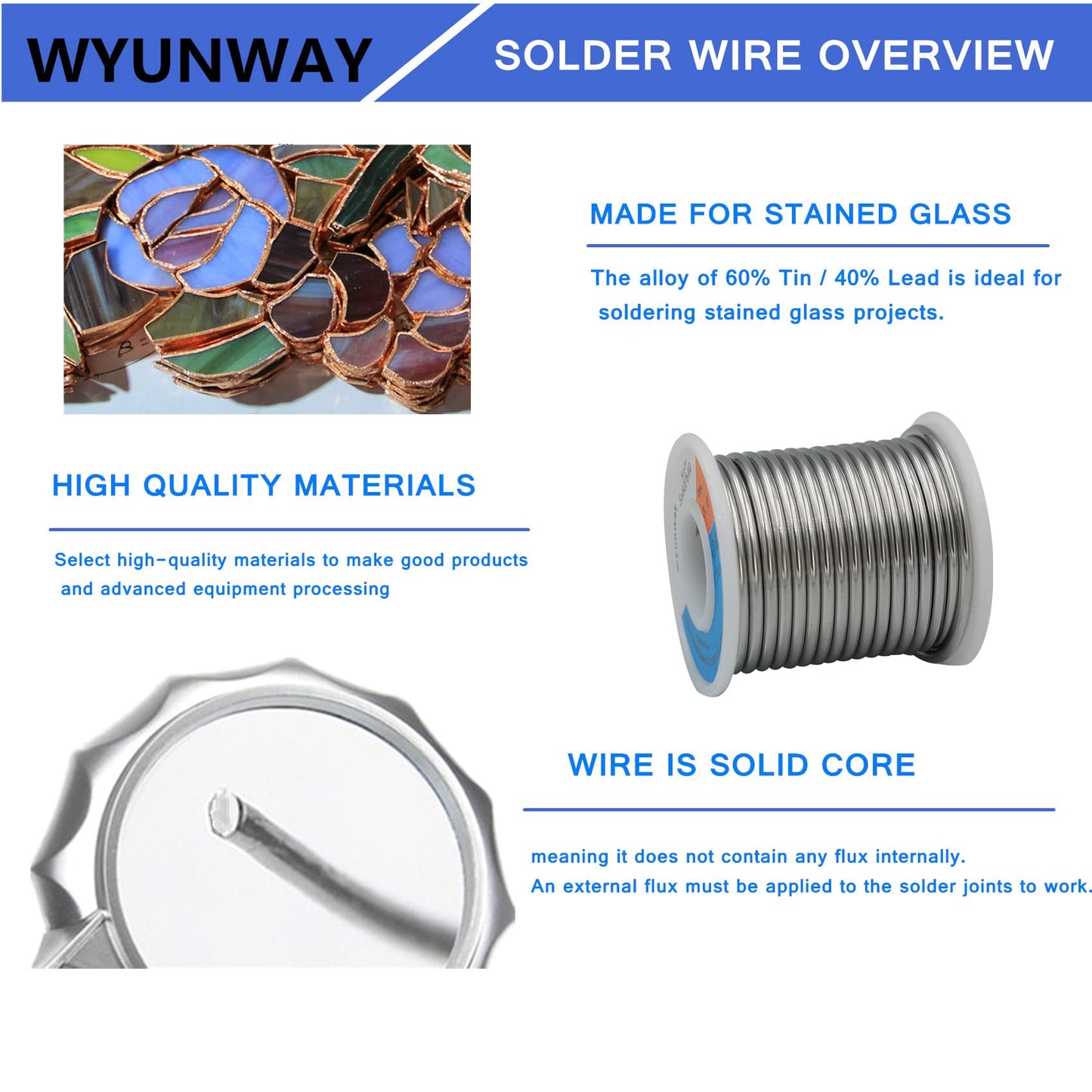 wyunway 60/40 solder for stained glass solder wire (450g(1LB)，1/8"(3mm) Dia