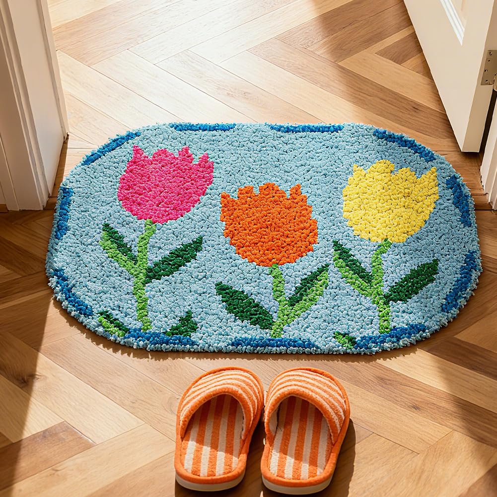 ORIGACH Tulip Latch Hook Rug Kit for Adults Printed Rug Making Kit Handmade Carpet Tapestry Cover with Hook Latch and Preprinted Canvas, Home Arts Crafts Sofa Decor, 20.5x15inch
