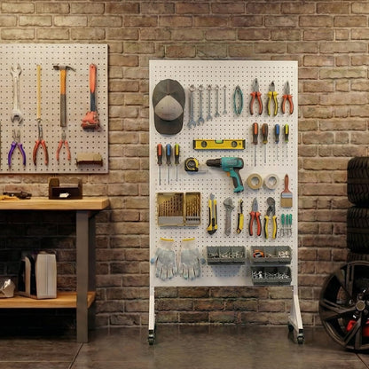 Giklux Metal Pegboard Display Stand 3.5 x 5.5 Feet, Adjustable Height with 40 Peg Board Hooks and Wheels, Pegboard Display Rack, Craft Display Rack, Retail Display Rack, Garage Peg Board