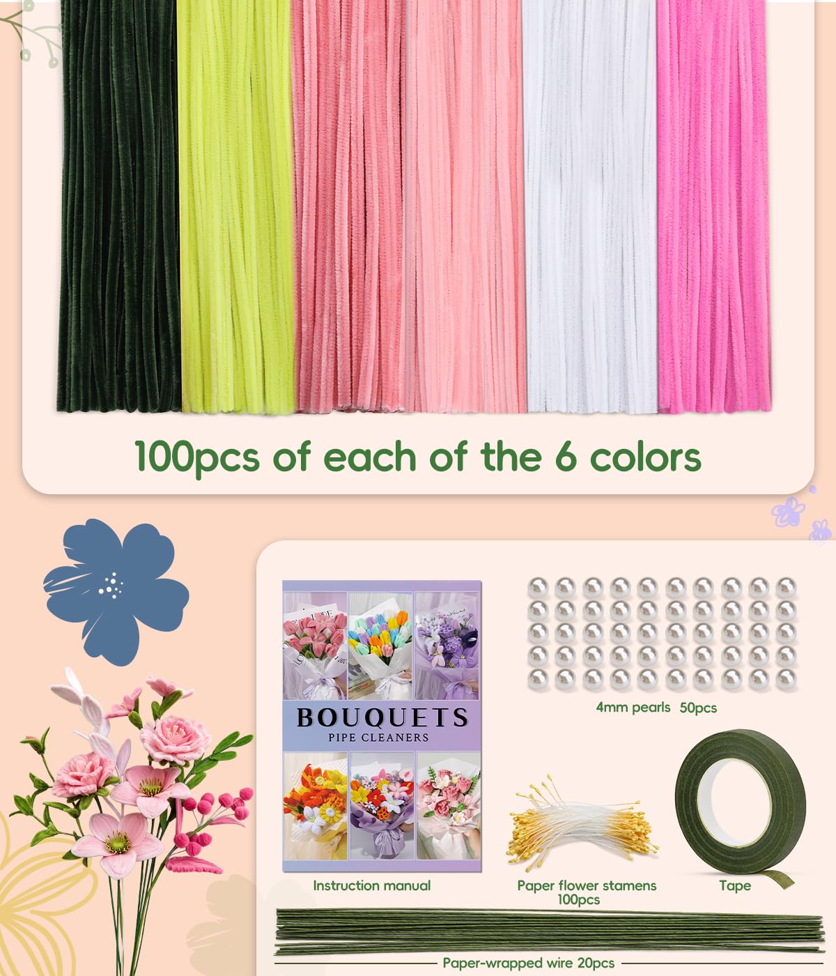 772PCS Complete Pipe Cleaner Flower Kit Pipe Cleaners Bulk Craft Supplies Chenille Stems Flower Making Kit with Instruction Floral Wires Tape for Festival Home Decorations, Art Supplies